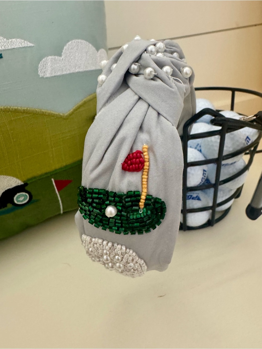 Beaded Grey Headband with Golf Motif
